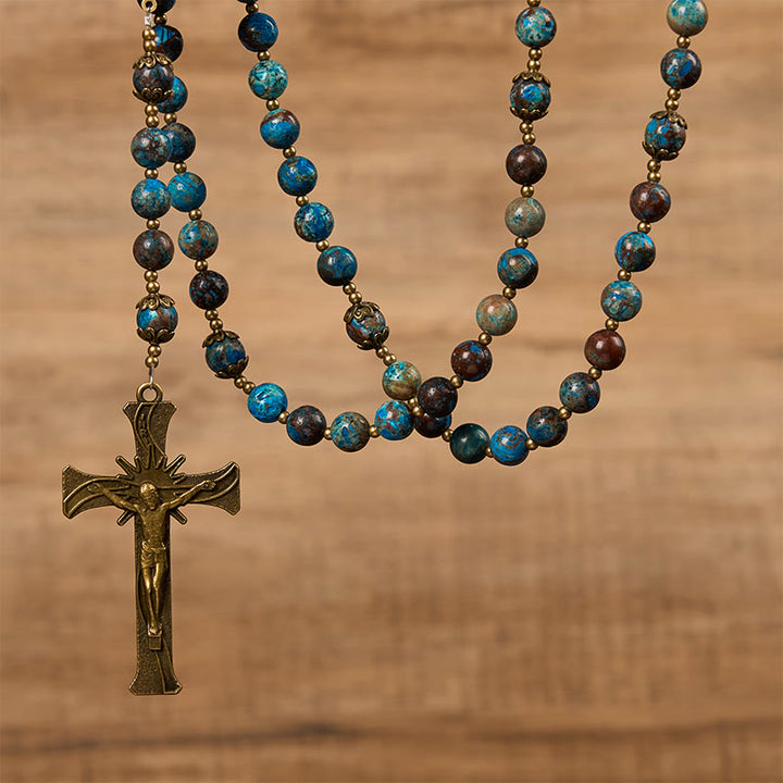 Christianartworkshop Chapelet artisanal en perles à motif bleu : médaille miraculeuse et crucifix en pierre de larimar authentique de 8 mm - image 5