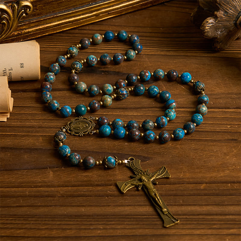 Christianartworkshop Chapelet artisanal en perles à motif bleu : médaille miraculeuse et crucifix en pierre de larimar authentique de 8 mm - image 3