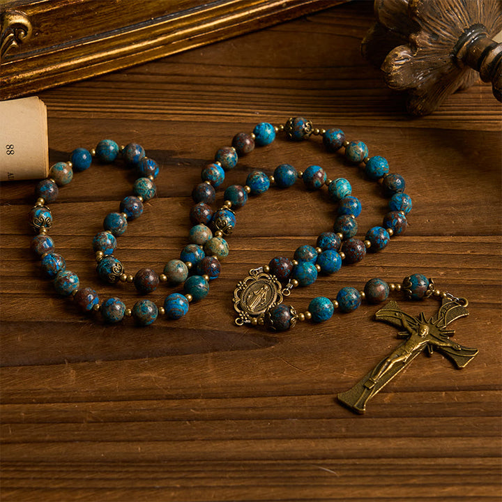 Christianartworkshop Chapelet artisanal en perles à motif bleu : médaille miraculeuse et crucifix en pierre de larimar authentique de 8 mm - image 4