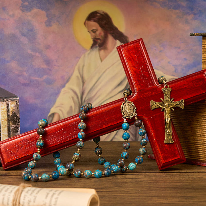 Christianartworkshop Chapelet artisanal en perles à motif bleu : médaille miraculeuse et crucifix en pierre de larimar authentique de 8 mm - image 10