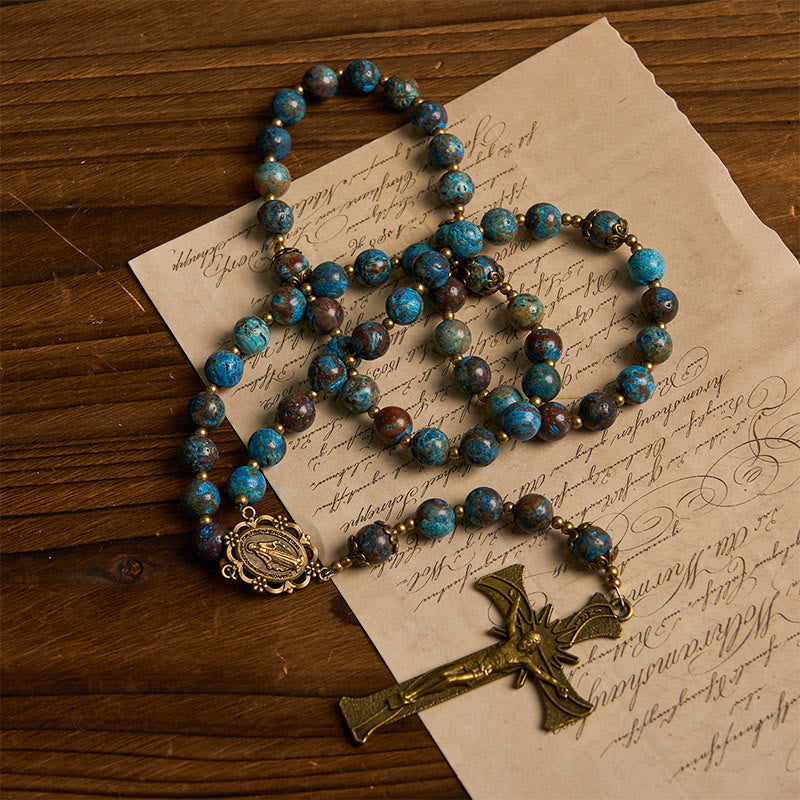 Christianartworkshop Chapelet artisanal en perles à motif bleu : médaille miraculeuse et crucifix en pierre de larimar authentique de 8 mm - image 1