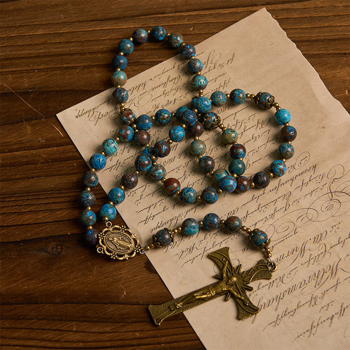 Christianartworkshop Chapelet artisanal en perles à motif bleu : médaille miraculeuse et crucifix en pierre de larimar authentique de 8 mm - image 1