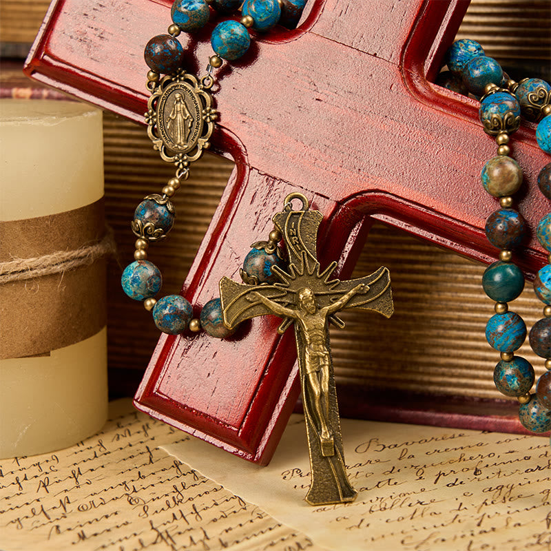 Christianartworkshop Chapelet artisanal en perles à motif bleu : médaille miraculeuse et crucifix en pierre de larimar authentique de 8 mm - image 7