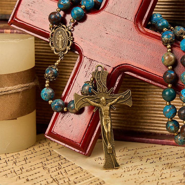 Christianartworkshop Chapelet artisanal en perles à motif bleu : médaille miraculeuse et crucifix en pierre de larimar authentique de 8 mm - image 7