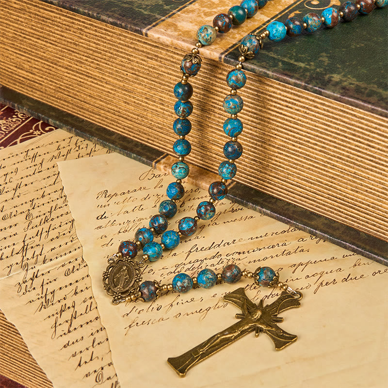 Christianartworkshop Chapelet artisanal en perles à motif bleu : médaille miraculeuse et crucifix en pierre de larimar authentique de 8 mm - image 9