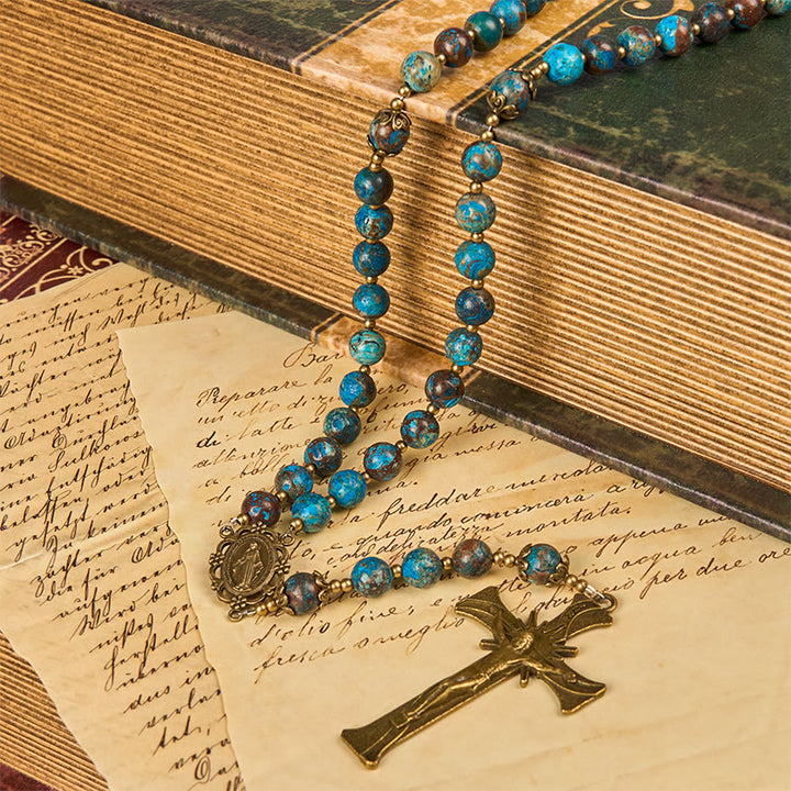 Christianartworkshop Chapelet artisanal en perles à motif bleu : médaille miraculeuse et crucifix en pierre de larimar authentique de 8 mm - image 9