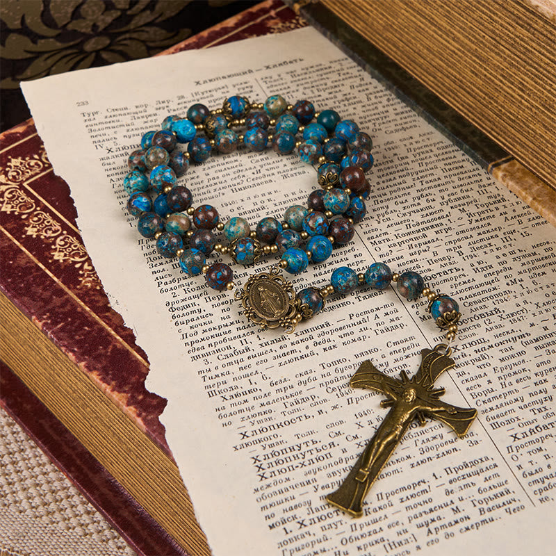 Christianartworkshop Chapelet artisanal en perles à motif bleu : médaille miraculeuse et crucifix en pierre de larimar authentique de 8 mm - image 6