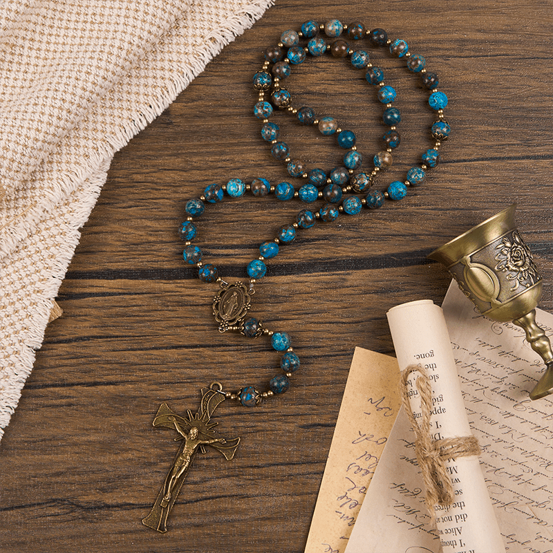 Christianartworkshop Chapelet artisanal en perles à motif bleu : médaille miraculeuse et crucifix en pierre de larimar authentique de 8 mm - image 2