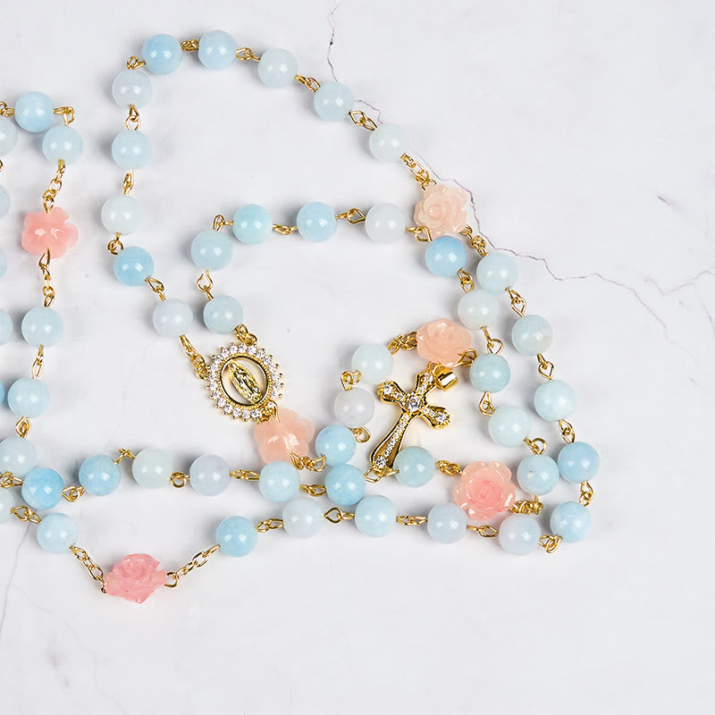 Christianartworkshop Chapelet Notre-Dame de Guadalupe et crucifix en perles de calcédoine aigue-marine bleue de 8 mm, fait main - image 10