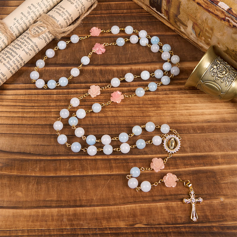 Christianartworkshop Chapelet Notre-Dame de Guadalupe et crucifix en perles de calcédoine aigue-marine bleue de 8 mm, fait main - image 5