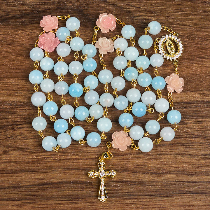 Christianartworkshop Chapelet Notre-Dame de Guadalupe et crucifix en perles de calcédoine aigue-marine bleue de 8 mm, fait main - image 4