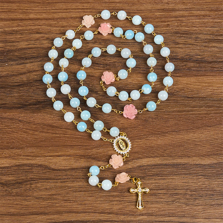 Christianartworkshop Chapelet Notre-Dame de Guadalupe et crucifix en perles de calcédoine aigue-marine bleue de 8 mm, fait main - Perles de calcédoine aigue-marine - image 0
