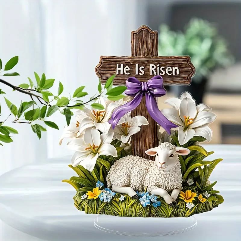 Ornement plat de Pâques « Il est ressuscité » avec croix et agneau, réalisé par Christianartworkshop - image 2