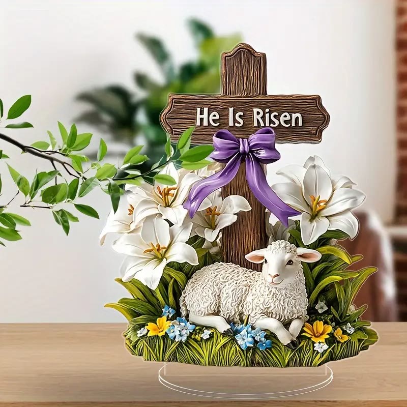 Ornement plat de Pâques « Il est ressuscité » avec croix et agneau, réalisé par Christianartworkshop - Il est ressuscité - image 0