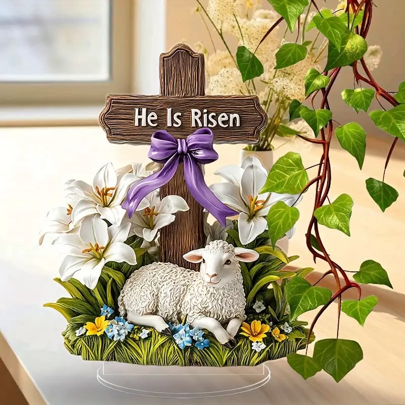 Ornement plat de Pâques « Il est ressuscité » avec croix et agneau, réalisé par Christianartworkshop - image 1