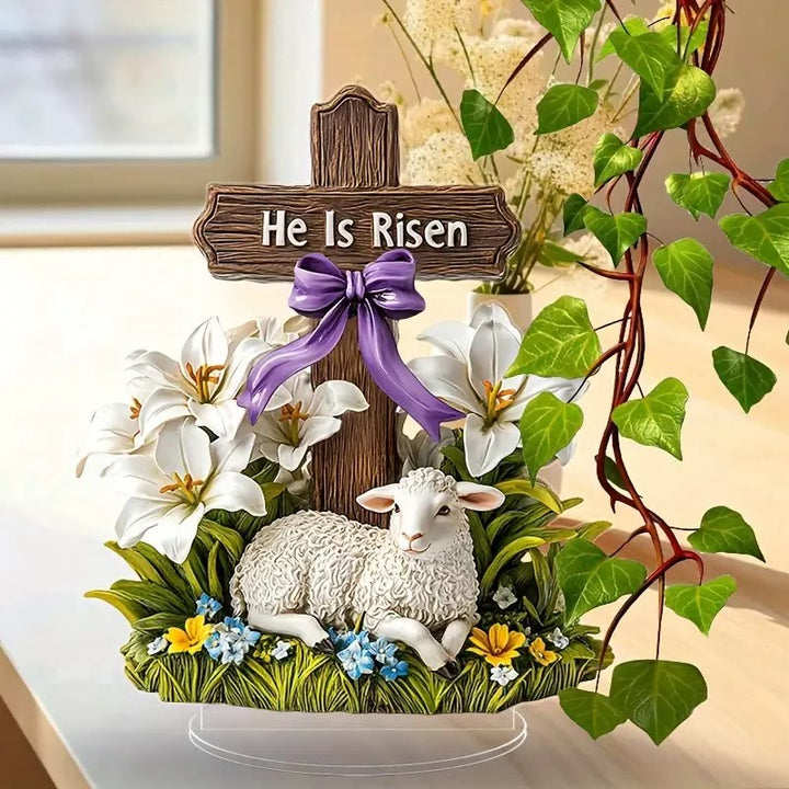 Ornement plat de Pâques « Il est ressuscité » avec croix et agneau, réalisé par Christianartworkshop - image 1