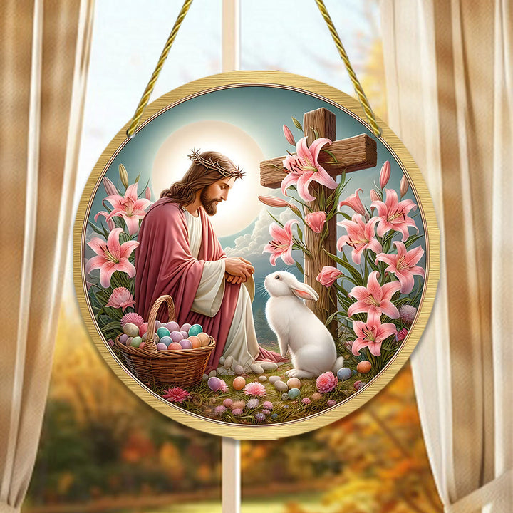 Christianartworkshop Résurrection et vitalité : Ornement décoratif à suspendre pour Pâques représentant Jésus et un lapin - Jésus et le lapin - image 0