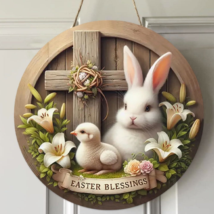 Christianartworkshop Ornement en bois à suspendre pour jardin, lapin de Pâques et croix, symbole de bénédiction pascale - Lapin de Pâques - image 0