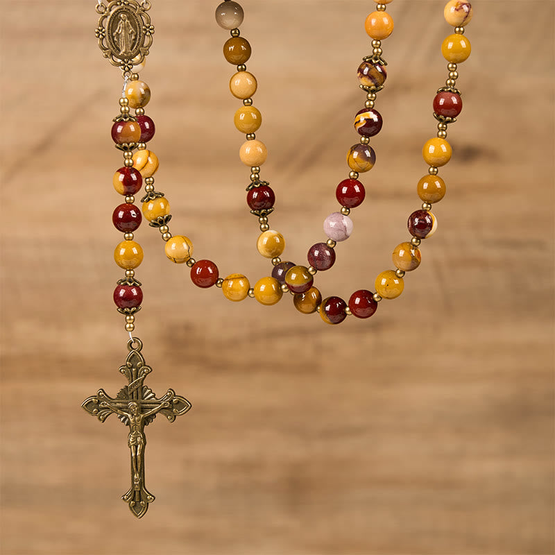 Christianartworkshop Médaille miraculeuse et crucifix en jade naturel couleur jaune d'œuf (8 mm) - Chapelet artisanal - image 4
