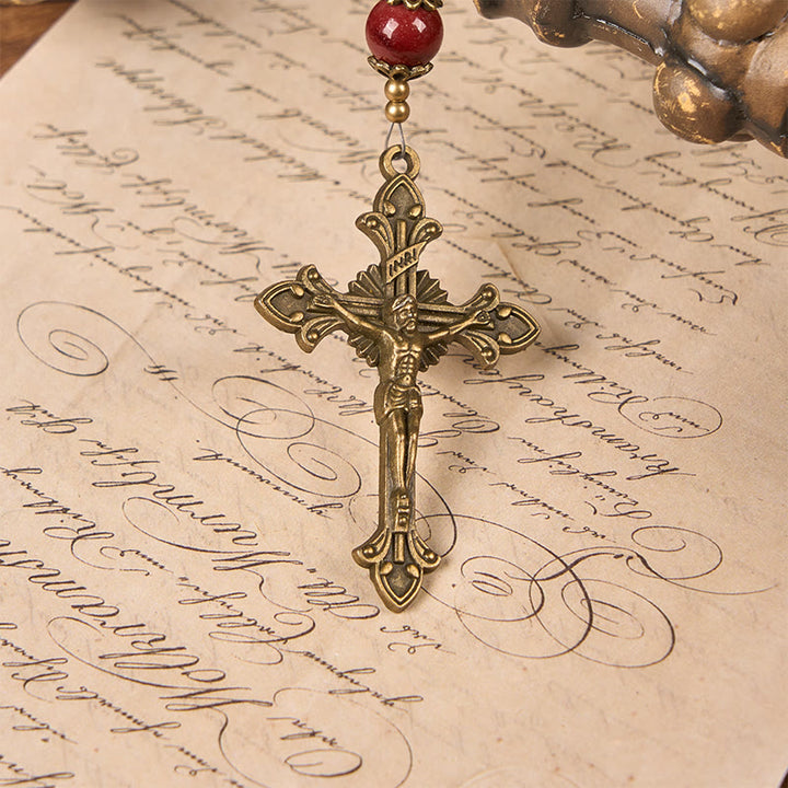 Christianartworkshop Médaille miraculeuse et crucifix en jade naturel couleur jaune d'œuf (8 mm) - Chapelet artisanal - image 7