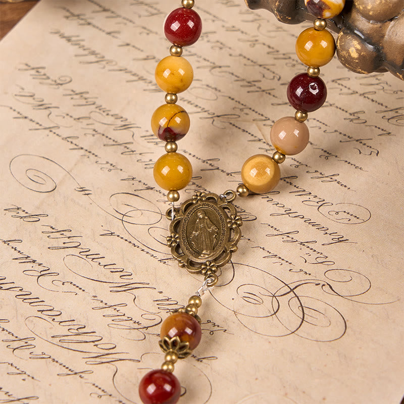 Christianartworkshop Médaille miraculeuse et crucifix en jade naturel couleur jaune d'œuf (8 mm) - Chapelet artisanal - image 6