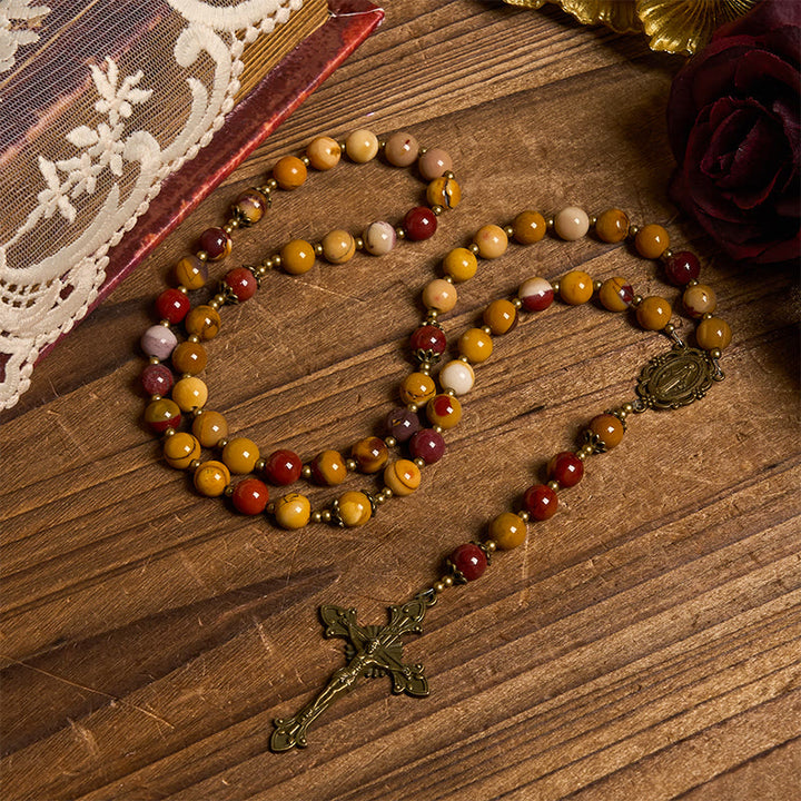 Christianartworkshop Médaille miraculeuse et crucifix en jade naturel couleur jaune d'œuf (8 mm) - Chapelet artisanal - Médaille miraculeuse et crucifix - image 0