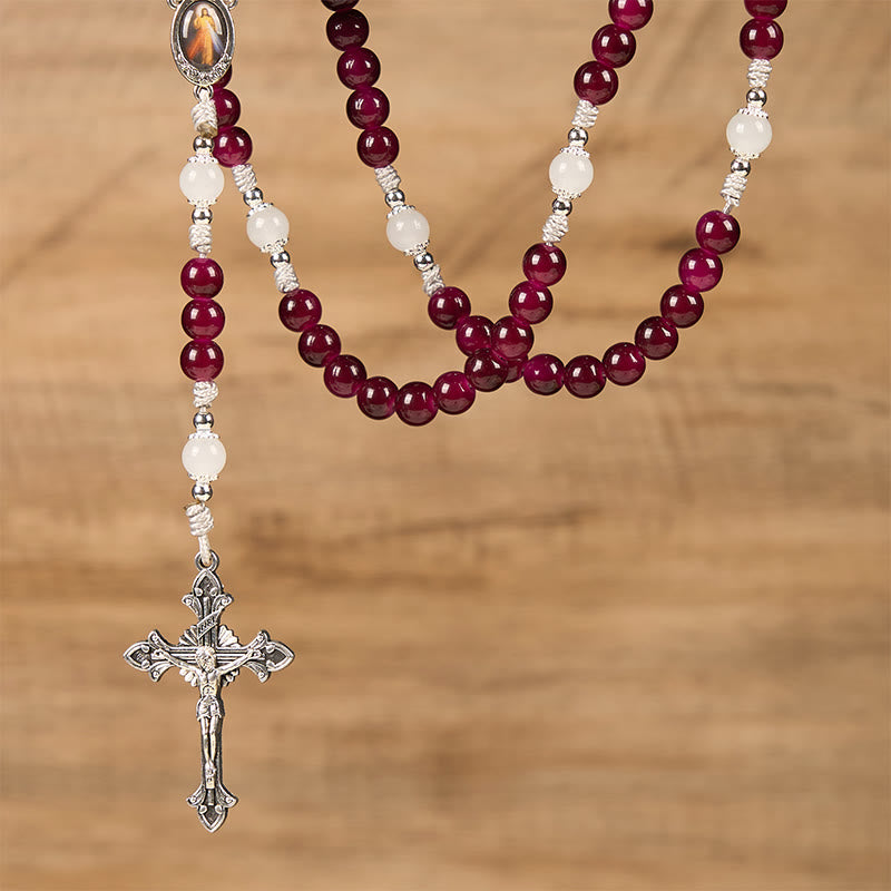Christianartworkshop Chapelet de calcédoine grenat 8 mm, orné de la Miséricorde Divine et d'un crucifix, fait main. - image 6