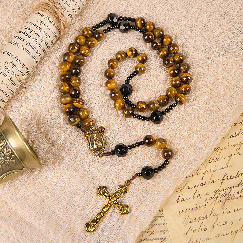 Christianartworkshop Chapelet en œil de tigre fabriqué à la main - Un design intemporel alliant élégance et force spirituelle - Notre-Dame de Guadalupe et le Crucifix - image 0