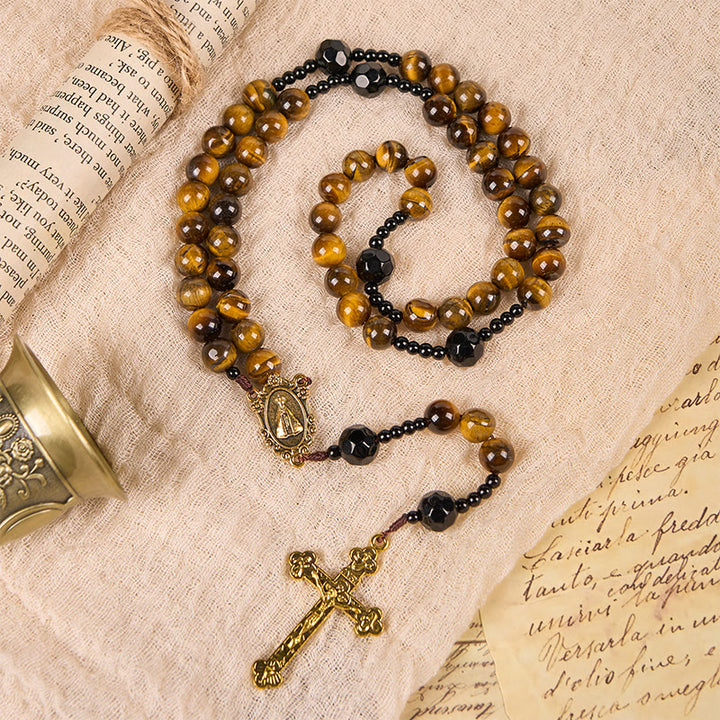 Christianartworkshop Chapelet en œil de tigre fabriqué à la main - Un design intemporel alliant élégance et force spirituelle - Notre-Dame de Guadalupe et le Crucifix - image 0