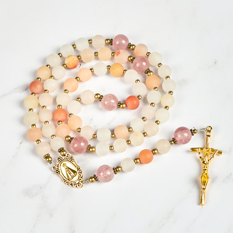 Christianartworkshop Notre-Dame et crucifix en aventurine rose et quartz fraise faits main de 8 mm - image 4