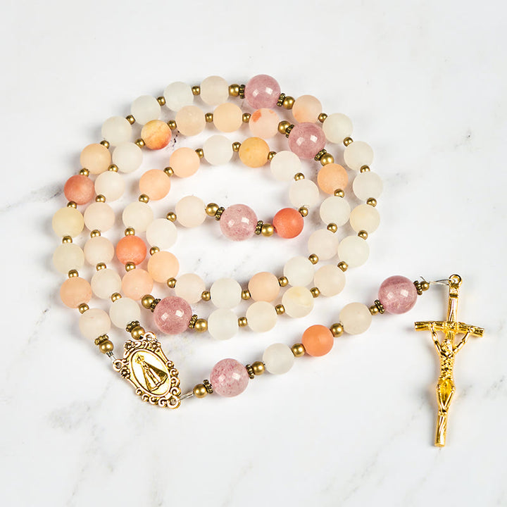Christianartworkshop Notre-Dame et crucifix en aventurine rose et quartz fraise faits main de 8 mm - image 4