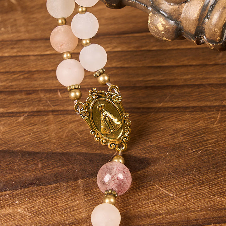 Christianartworkshop Notre-Dame et crucifix en aventurine rose et quartz fraise faits main de 8 mm - image 7