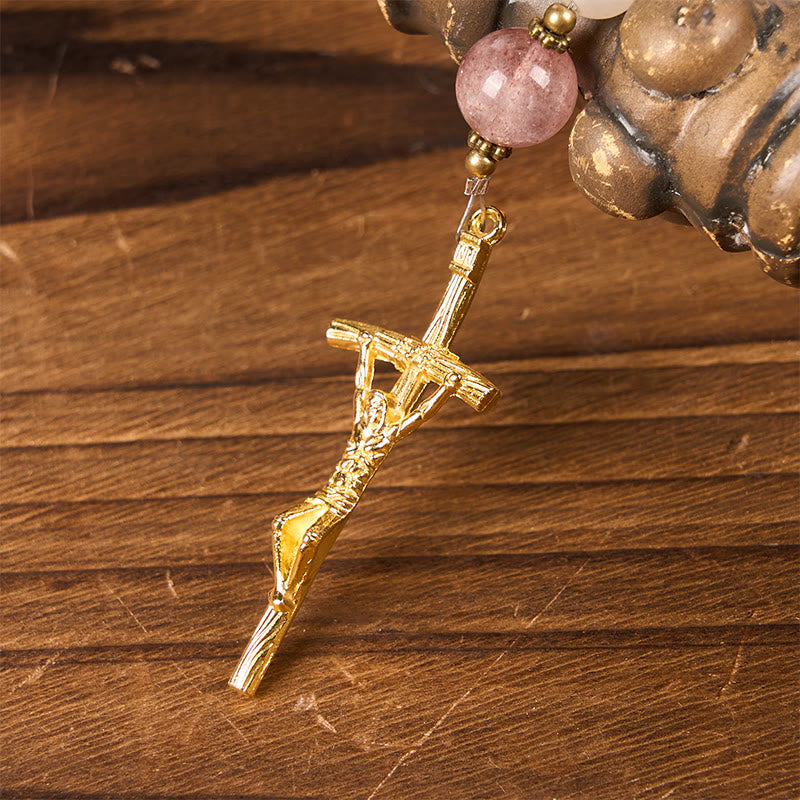 Christianartworkshop Notre-Dame et crucifix en aventurine rose et quartz fraise faits main de 8 mm - image 6