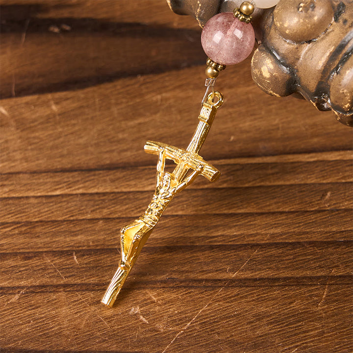 Christianartworkshop Notre-Dame et crucifix en aventurine rose et quartz fraise faits main de 8 mm - image 6