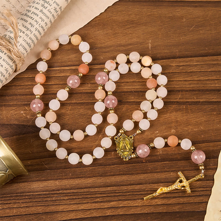 Christianartworkshop Notre-Dame et crucifix en aventurine rose et quartz fraise faits main de 8 mm - image 8