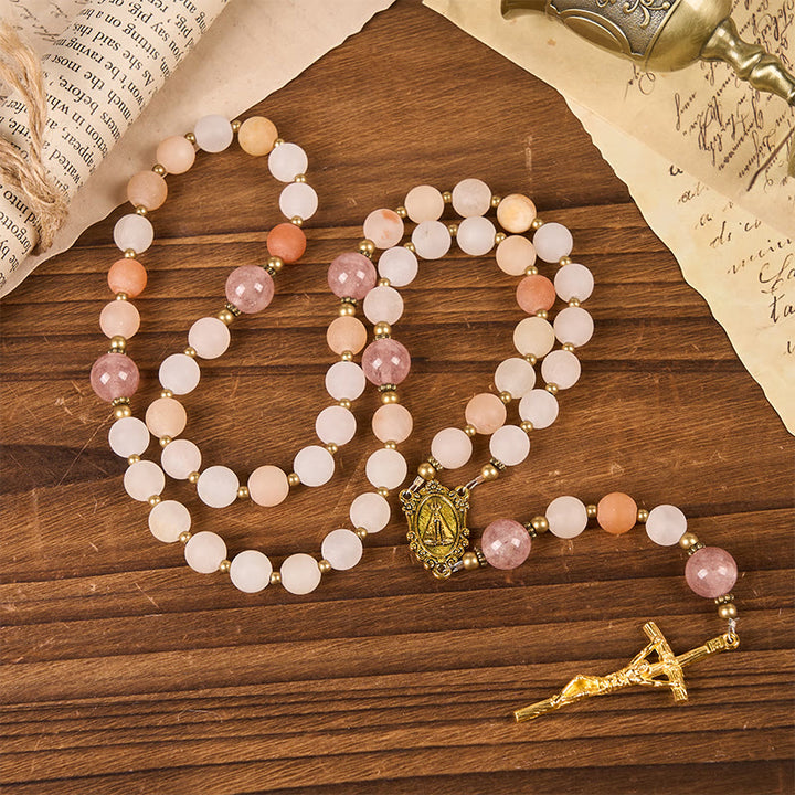Christianartworkshop Notre-Dame et crucifix en aventurine rose et quartz fraise faits main de 8 mm - image 2