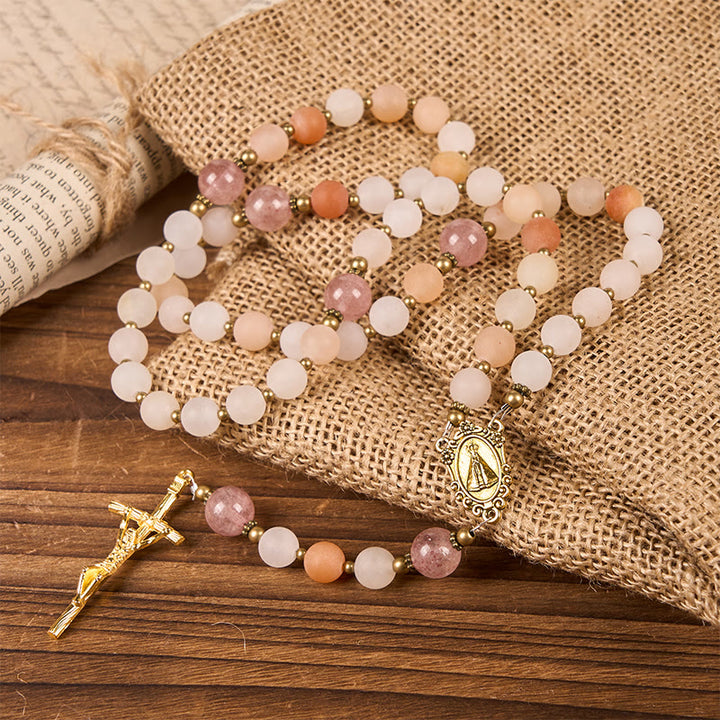 Christianartworkshop Notre-Dame et crucifix en aventurine rose et quartz fraise faits main de 8 mm - image 3