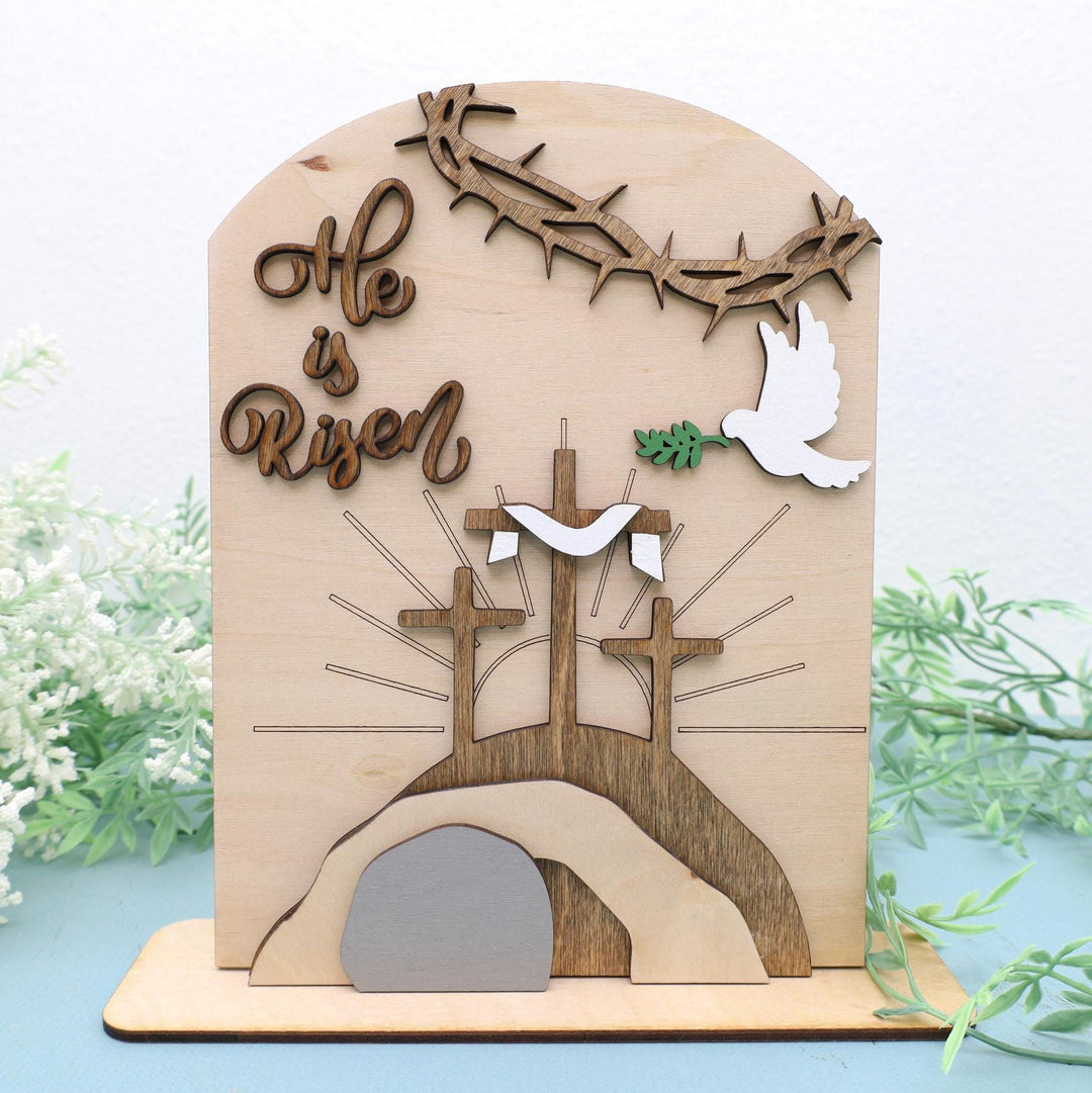 Christianartworkshop Ensemble d'icônes de Pâques « Espoir ressuscité » : Présentoir décoratif en bois avec motifs de croix et de tombeau - Couleur buis 1 - image 0