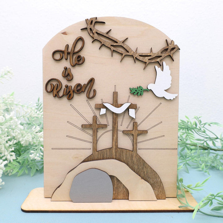 Christianartworkshop Ensemble d'icônes de Pâques « Espoir ressuscité » : Présentoir décoratif en bois avec motifs de croix et de tombeau - Couleur buis 1 - image 0