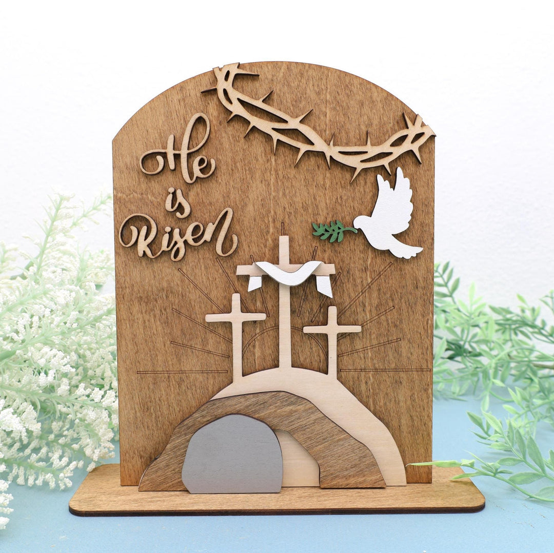 Christianartworkshop Ensemble d'icônes de Pâques « Espoir ressuscité » : Présentoir décoratif en bois avec motifs de croix et de tombeau - Couleur buis 2 - image 1