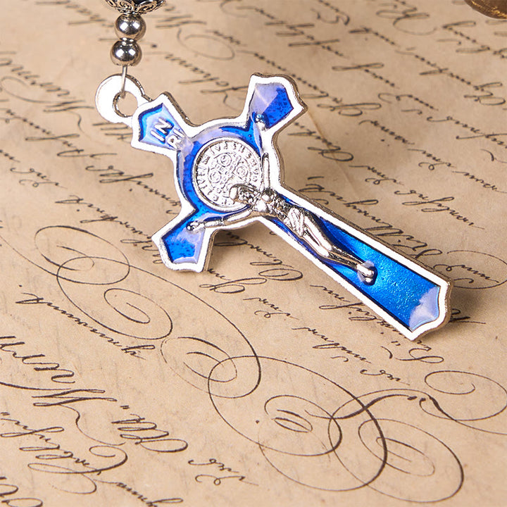 Christianartworkshop Chapelet de perles en pierre bleue et dorée de 8 mm, orné d'une croix bleue et d'un crucifix, représentant la Vierge Marie - image 3