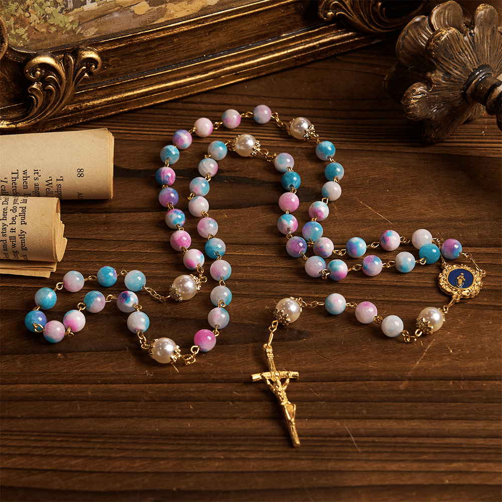 Christianartworkshop Chapelet floral fait main « Grâce Céleste », médaille miraculeuse et crucifix de 8 mm, bleu et violet : Trouvez la paix et la connexion divine - image 4