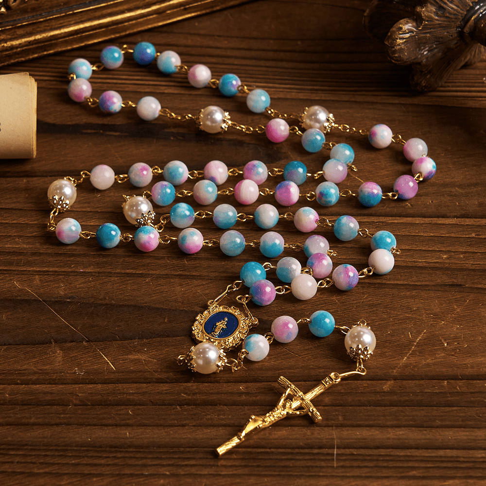 Christianartworkshop Chapelet floral fait main « Grâce Céleste », médaille miraculeuse et crucifix de 8 mm, bleu et violet : Trouvez la paix et la connexion divine - image 1