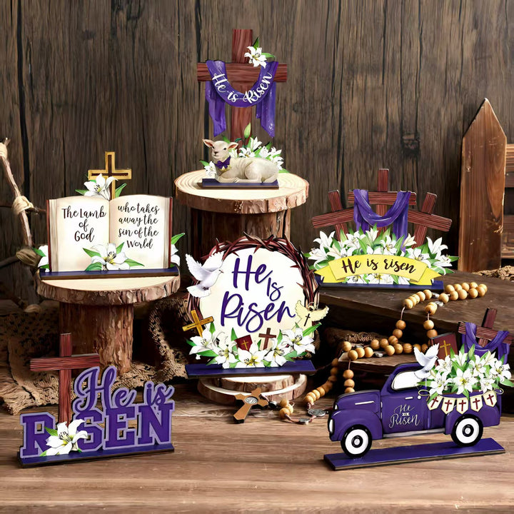 Christianartworkshop Lot de 6 décorations de Pâques en bois « Il est ressuscité » - Messages inspirants - Ensemble de 6 pièces - image 0