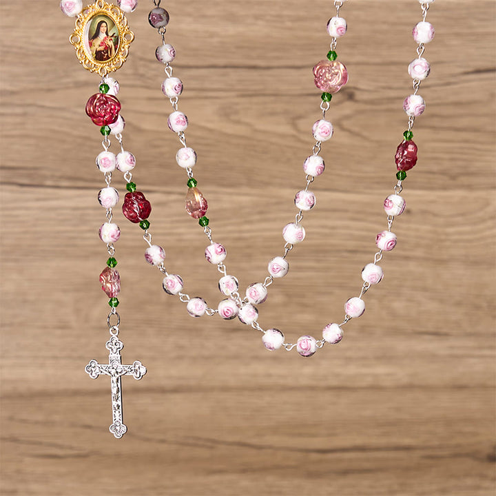Christianartworkshop Médaille Sainte Thérèse et crucifix de 8 mm, chapelet élégant en rose et ivoire à motif floral — Accueillez la grâce et la beauté de la foi - image 7