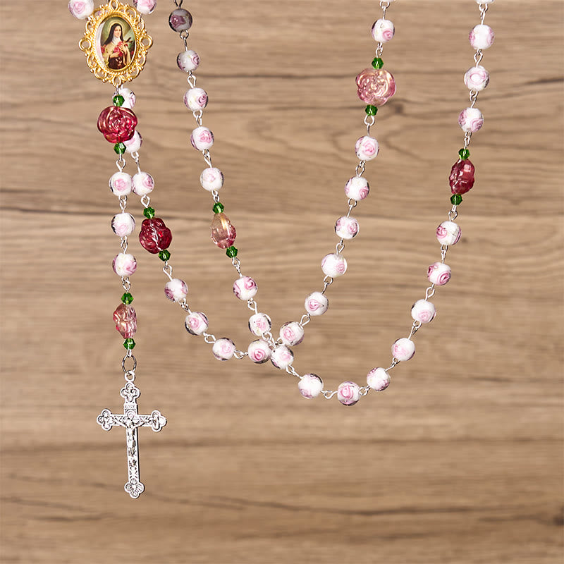 Christianartworkshop FOI PRIÈRE : Chapelet élégant fait main en rose et ivoire avec carte cadeau - image 11