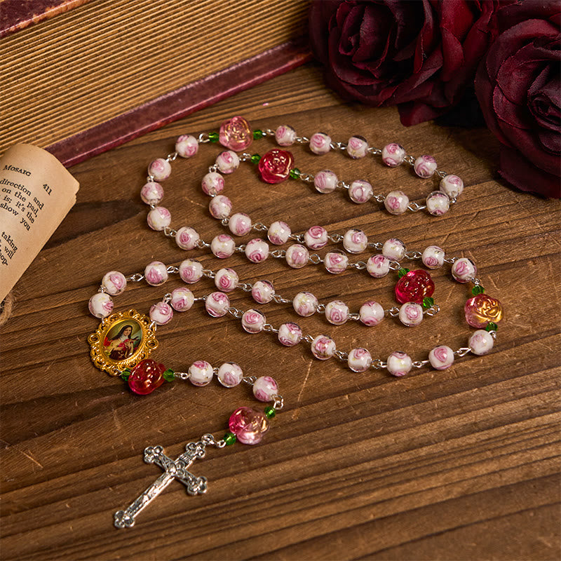 Christianartworkshop Médaille Sainte Thérèse et crucifix de 8 mm, chapelet élégant en rose et ivoire à motif floral — Accueillez la grâce et la beauté de la foi - Médaille et crucifix de Sainte Thérèse - image 0