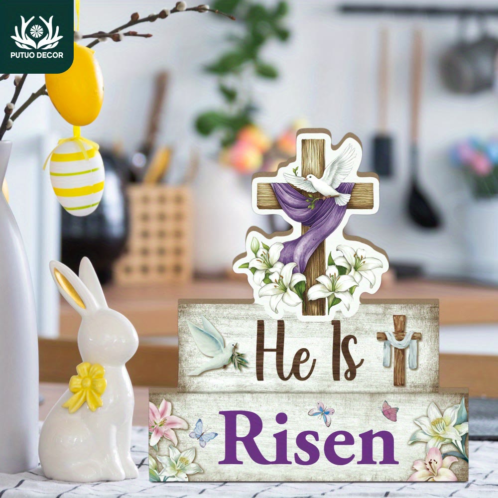 Christianartworkshop Croix et colombe en bois « Il est ressuscité » - Ornement décoratif - image 1