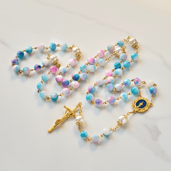 Christianartworkshop Chapelet floral fait main « Grâce Céleste », médaille miraculeuse et crucifix de 8 mm, bleu et violet : Trouvez la paix et la connexion divine - image 3