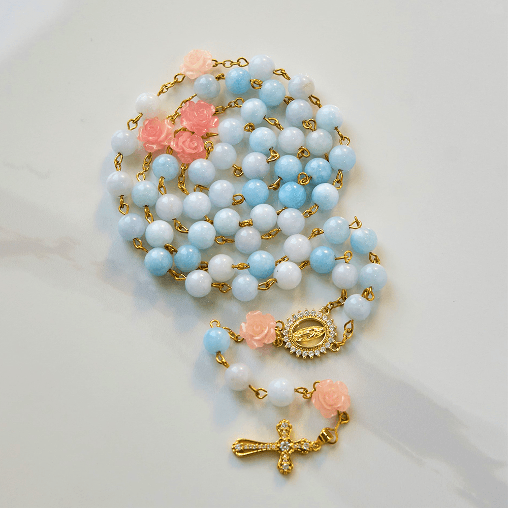 Christianartworkshop Chapelet Notre-Dame de Guadalupe et crucifix en perles de calcédoine aigue-marine bleue de 8 mm, fait main - image 11